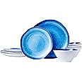 Amazon Basics Melamine Dinnerware Set, Service for 4, Blue Glaze with Rustic Edge - Set of 12