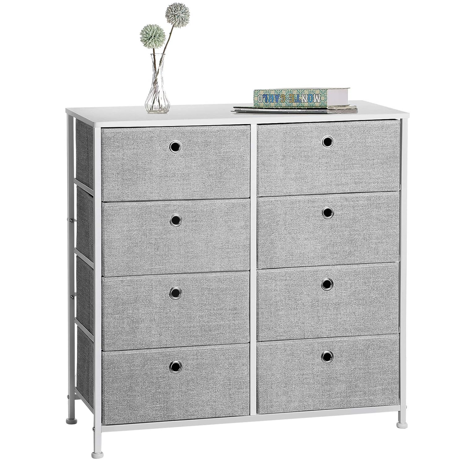 SONGMICS 4-Tier Storage Dresser with 8 Easy Pull Fabric Drawers and Wooden Tabletop for Closets, Nursery, Dorm Room, Light Gray and White ULTS24W -