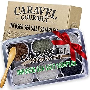 The Infused Sea Salt Sampler - 6 Reusable Tins with Bamboo Spoon - - Hawaiian Bamboo Jade, 5 Pepper, Garlic Medley, Rosemary, and Hawaiian Black Lava - 1/2 oz each (3 oz total)