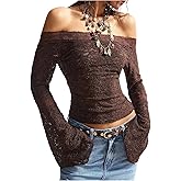 BEAUDRM Women's Off The Shoulder Top Boho Y2k Foral Lace Bell Sleeve Sheer Mesh Fitted T Shirts Spring Tops