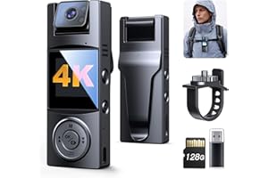 BOBLOV Body Camera with 180°Rotatable Lens, 4K/48MP Small Body Camera, Night Vision Function, Easy to Use and Take for Lecture, Traveling, Pet Walking and Outdoors Activities (4K-128GB)