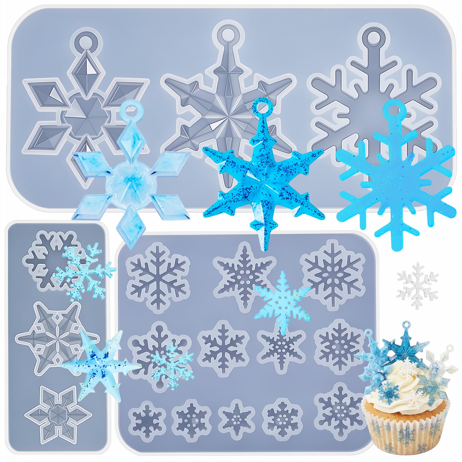 Patelai 3 Pcs Snowflake Resin Molds 17 Varying Sizes Snowflake Epoxy Resin Molds Silicone for Winter Fondant Chocolate Candle Jewelry Tree & Car Ice Crystal Decoration DIY Xmas Gift(Clear)