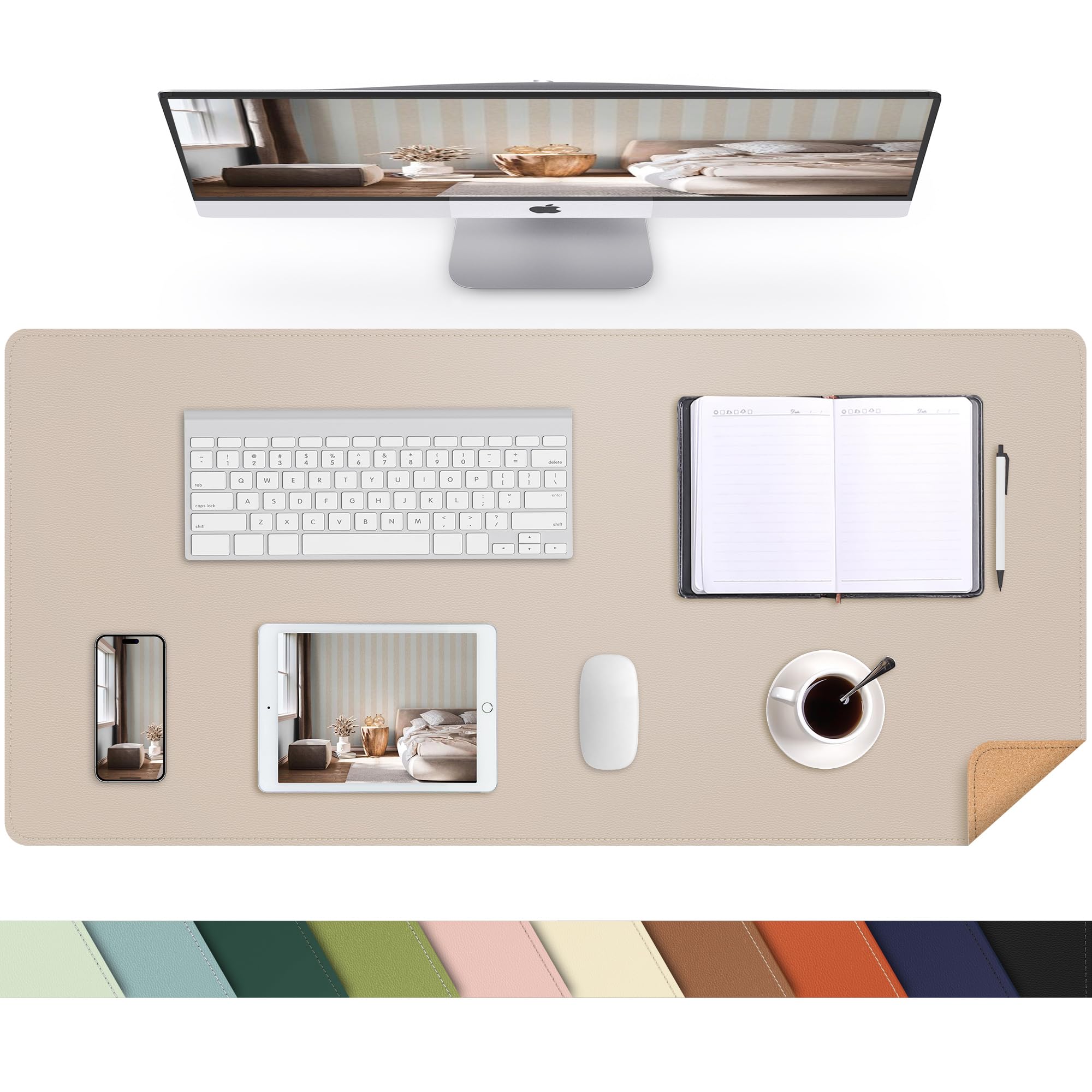 Photo 1 of AFIING Leather Desk pad Protector, Large Non-Slip Office Desk Mat with Natural Cork & PU Leather, Waterproof Writing Mouse Pad for Office and Home (31.5in*17in,Beige)