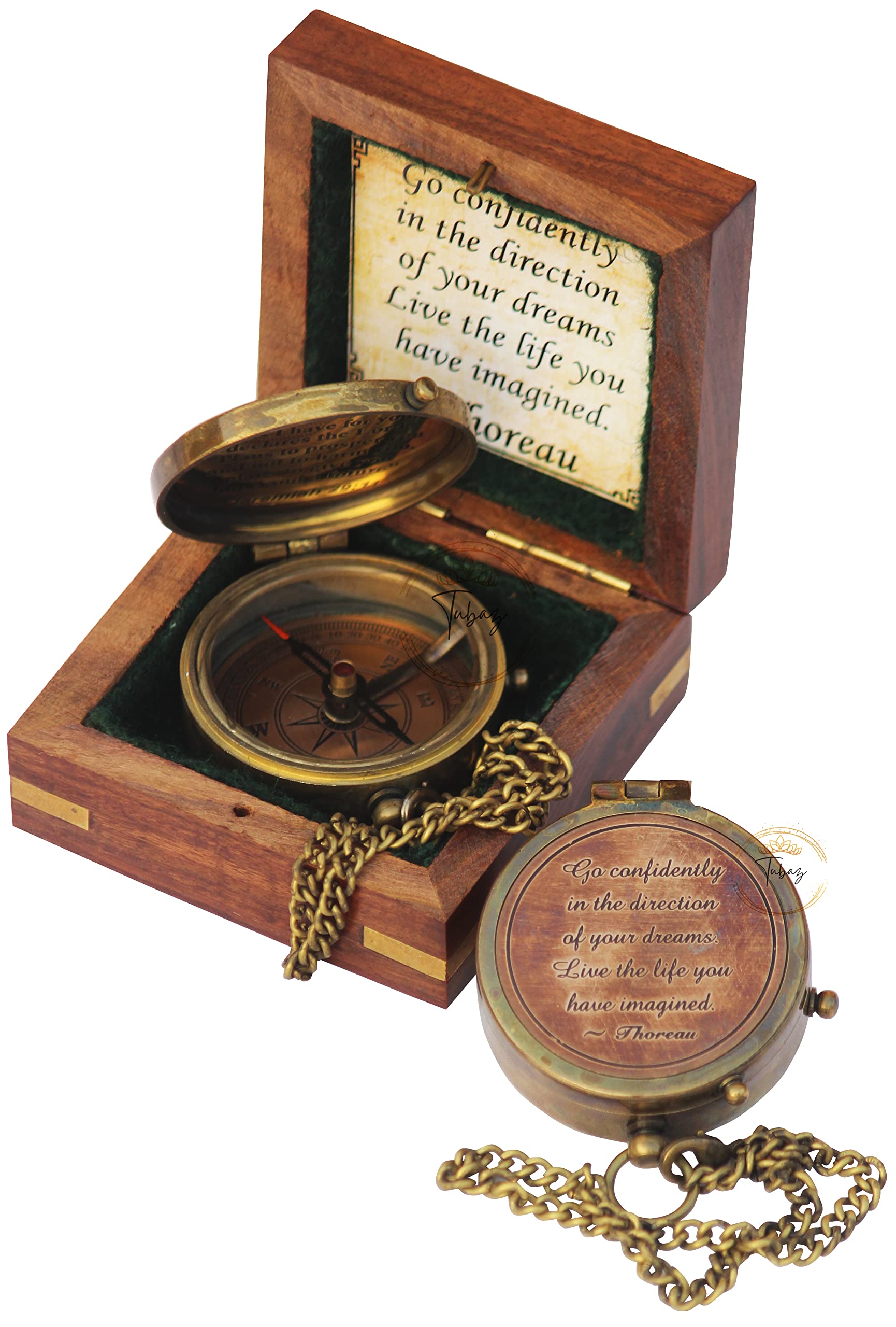 TUBAZ Thoreau's Go Confidently Quote Engraved Compass with Wooden Box - Religious & Christian Gifts for Men, Camping & Graduation Day