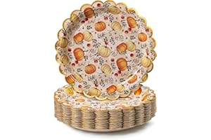 Confettiville Thanksgiving Paper Plates, 50-Count Fall-Themed Decorative Disposable Serving Plates, Cream, Gold Foil Scalloped Edge, 9 Inches