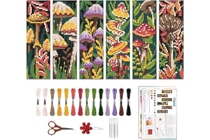 ORIGACH 6 Pcs Cross Stitch Bookmark Kit for Beginner with Backing Felt Floss Instruction Mushroom Plants DIY Stamped Embroide