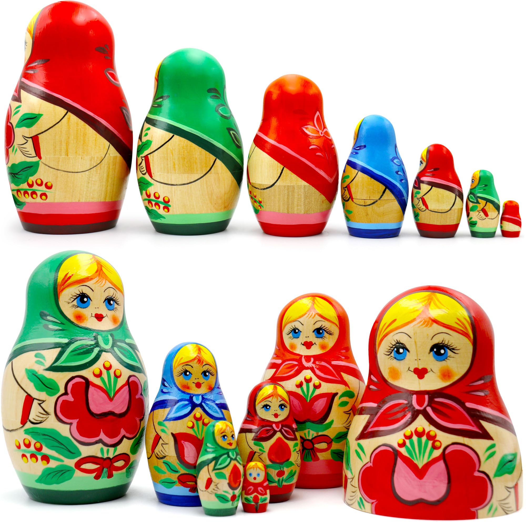Russian Nesting Dolls for Adults Set 7 pcs - Wooden Matryoshka Dolls - Hand Painted Russian Dolls with Flower Decorations - Handmade Matryoshka Gifts