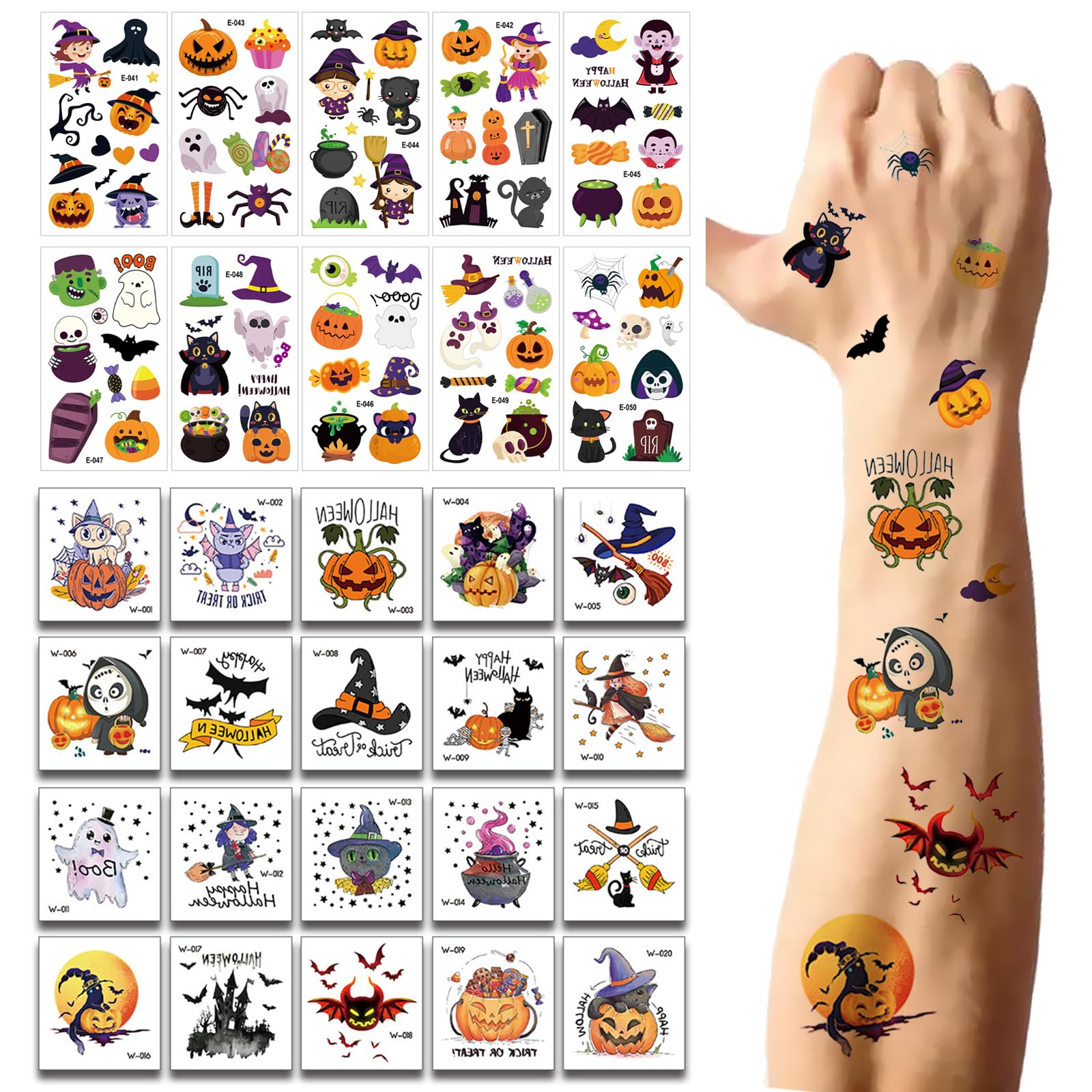 Eowppue 30 Sheets of Halloween Cartoon Face Tattoo Stickers - Cute Pumpkin & Quirky Waterproof Designs for Kids and Adults - Perfect for Halloween Party Favors, Decorations & Temporary Fun
