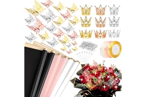 IWOLOMI 241 Pcs Flower Bouquet Wrapping Paper Set, Waterproof Flower Wrapping Paper, Bouquet Wrapping Paper Sheets with Crowns Ribbons 3D Butterfly Decoration for Weddings Birthday DIY Craft Florist Supplies