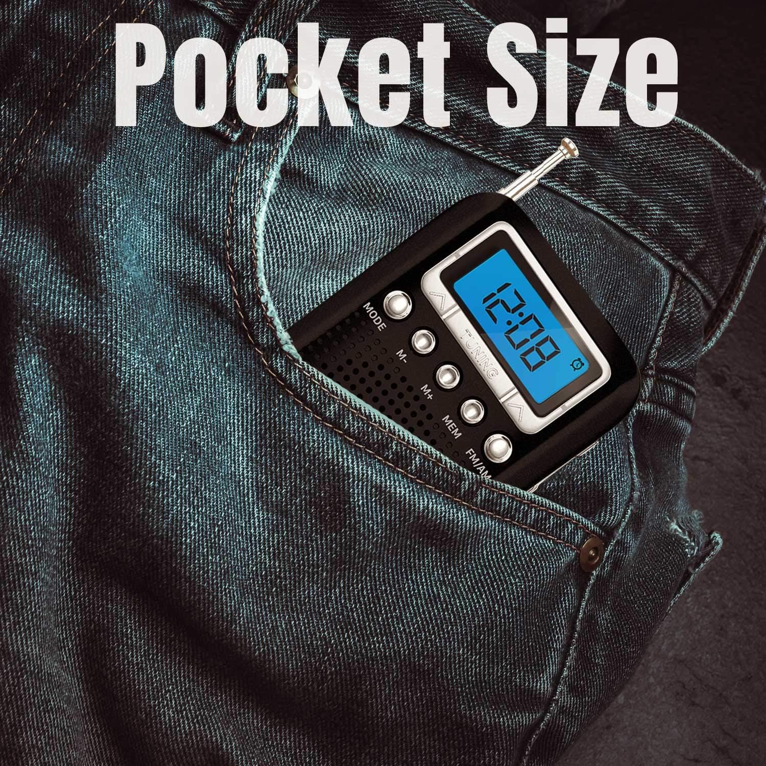 Digital AM FM Portable Pocket Radio with Alarm Clock- Best Reception and Longest Lasting. AM FM Compact Radio Player Operated by 2 AAA Battery, Stereo Headphone Socket (Black), by Vondior: Electronics