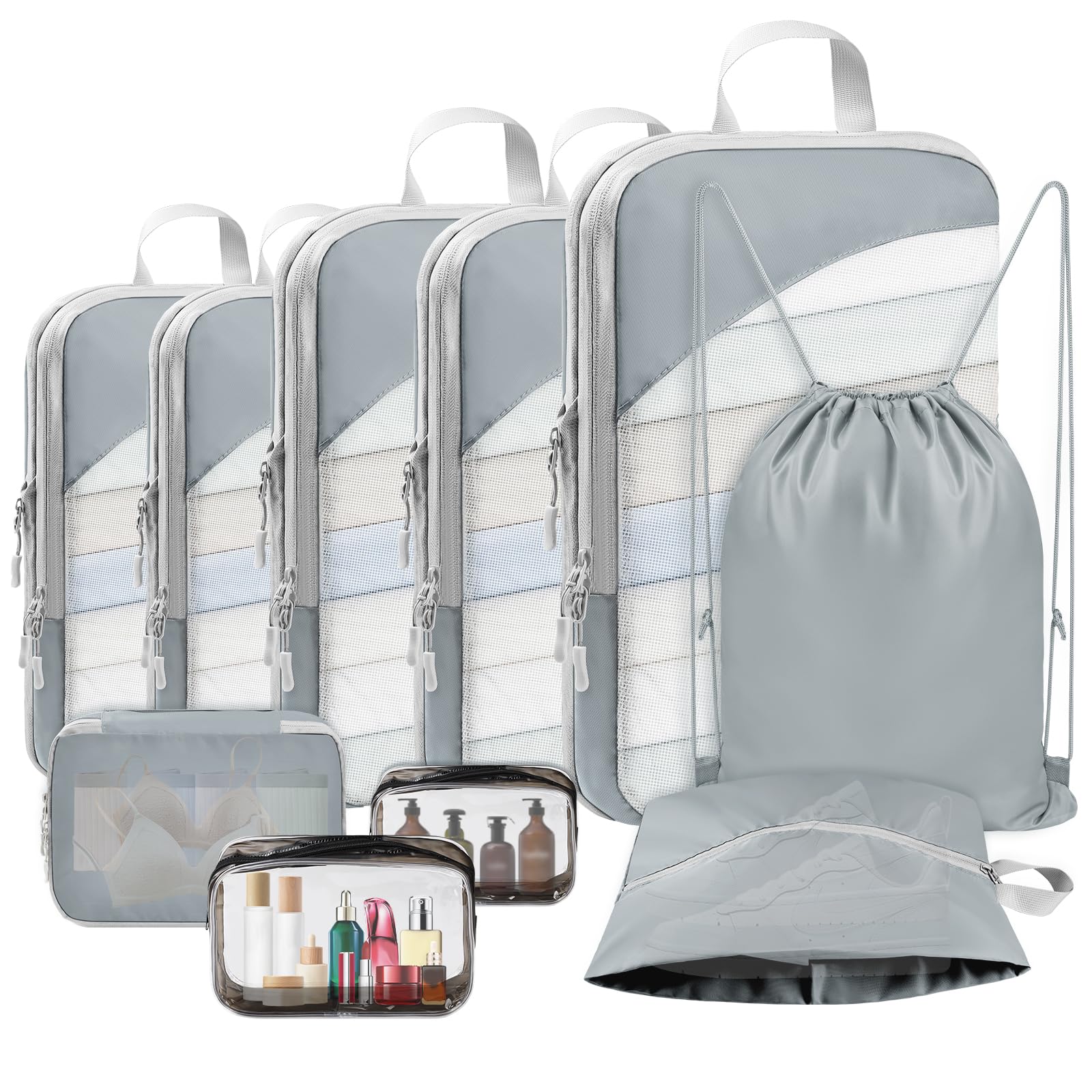Photo 1 of 10 Set Compression Packing Cubes, Lightweight Travel Essentials, Stretchable Expandable Storage Bags, Compression Bags for Travel Accessories Luggage Storage Set (10 Pcs, Grey)