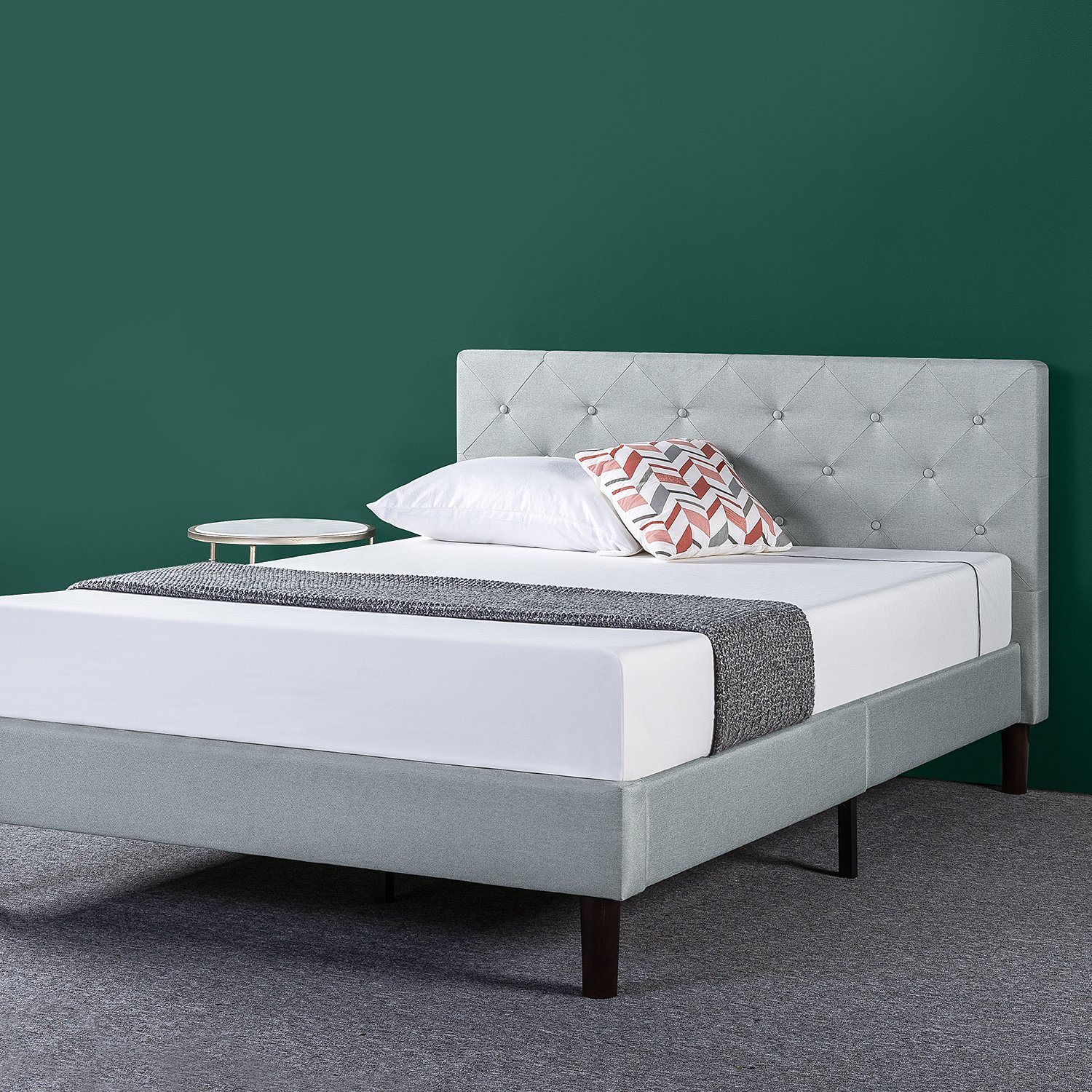 Zinus Shalini Upholstered Diamond Stitched Platform Bed / Mattress Foundation / Easy Assembly / Strong Wood Slat Support / Sage Grey, King- RIPPED ON SIDE