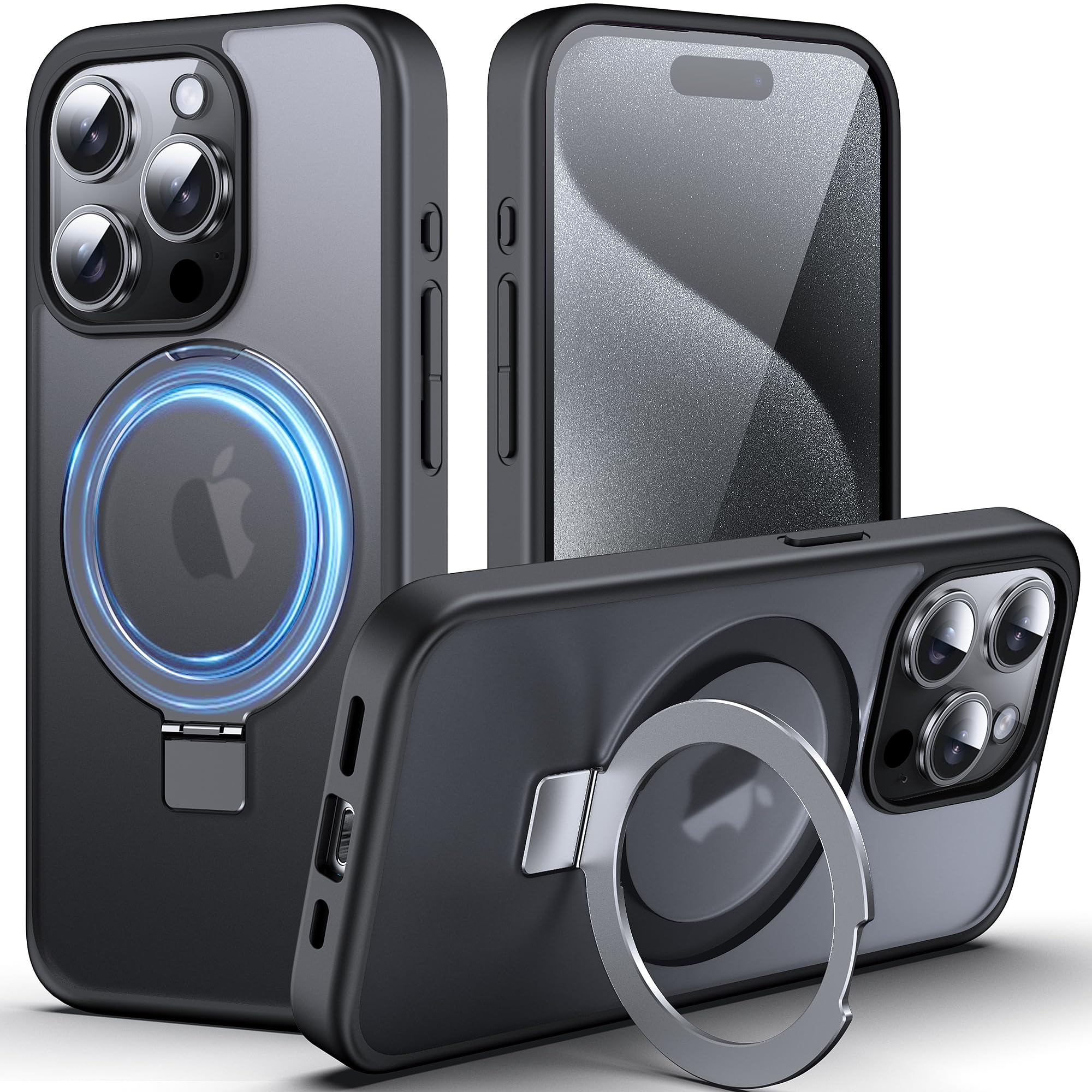 DASFOND Mag-Stand Designed for iPhone 15 Pro Max Case, Upgraded [All-in-1] [Compatible with MagSafe] Invisible Ring Kickstand Transparent Matte Phone Case Cover for iPhone 15 Pro Max 6.7 inch, Black