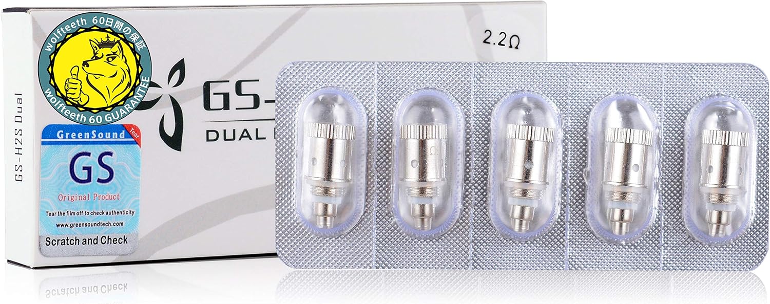 WOLFTEETH 5 Pack Genuine 2.2 ohm Dual Coil Atomizer Core Coil Head Replacement | GS H2S Clearomizer Atomizer Atomiser Compatible Replaceable Core | Nicotine Free 118902