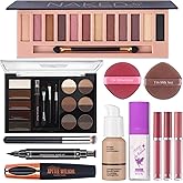 Makeup Set For Women Full Kit - 12 Colors Nude Shimmer Eyeshadow Palette, Patting Powder Highlighter, Eyebrow Contour Kit, Liquid Foundation + Concealer Brush, Black Mascara and Stamp Liquid Eyeliner , 3pcs Matte Liquid Lipstick Set with 2 Powder Puff Makeup Gift Set