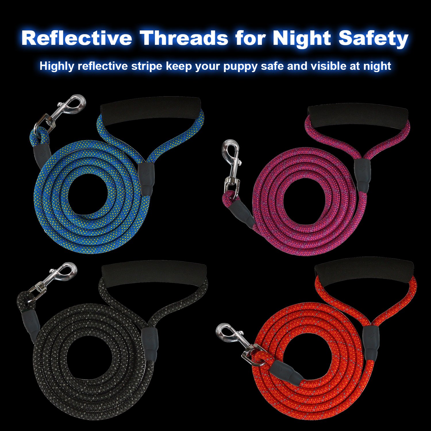 UNICOM Guinzaglio per Cani, Guinzaglio per Cani Da Passeggio e Addestramento, Per Cani Taglia Grande e Media Taglia, Strisce Riflettenti, con Collare per cani (1.8 M, Nero)