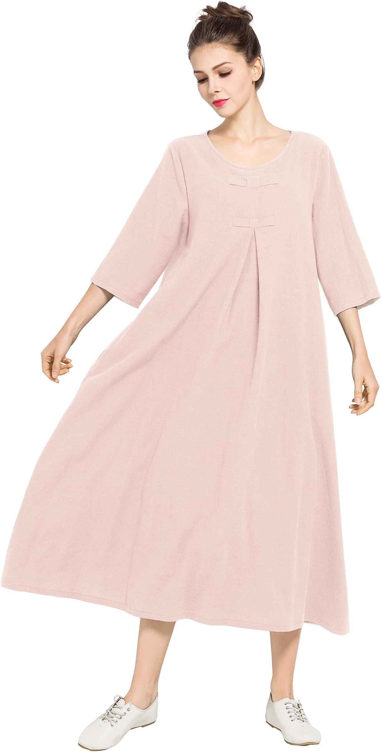 3/4 Sleeves Spring Summer Soft Linen Cotton Dress Plus Size Clothing F120A
