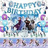 Frozen Birthday Party Decorations, Party Supplies Set Include Banner, Backdrop, Balloons, Hanging Swirls, Cake Cupcake Toppers, Tablecloth for Frozen Theme Party