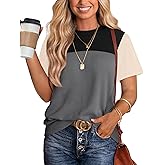 WIHOLL Womens Fashion 2026 Color Block Shirts Short Sleeve Crewneck Knitted Spring Summer Tops Casual Trendy