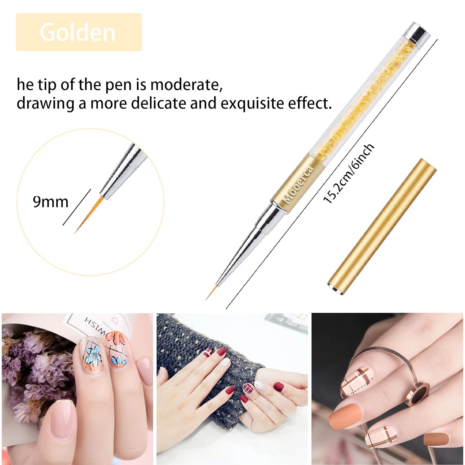 Nail Art Liner Brushes UV Gel Painting Acrylic Nail Design Nylon Brush Pen Set Metal Diamond application Rhinestone Handle Salon, Nail Dotting Painting Drawing Crystal PenSize 5/7/9/11/20mm, 5Pcs : Beauty