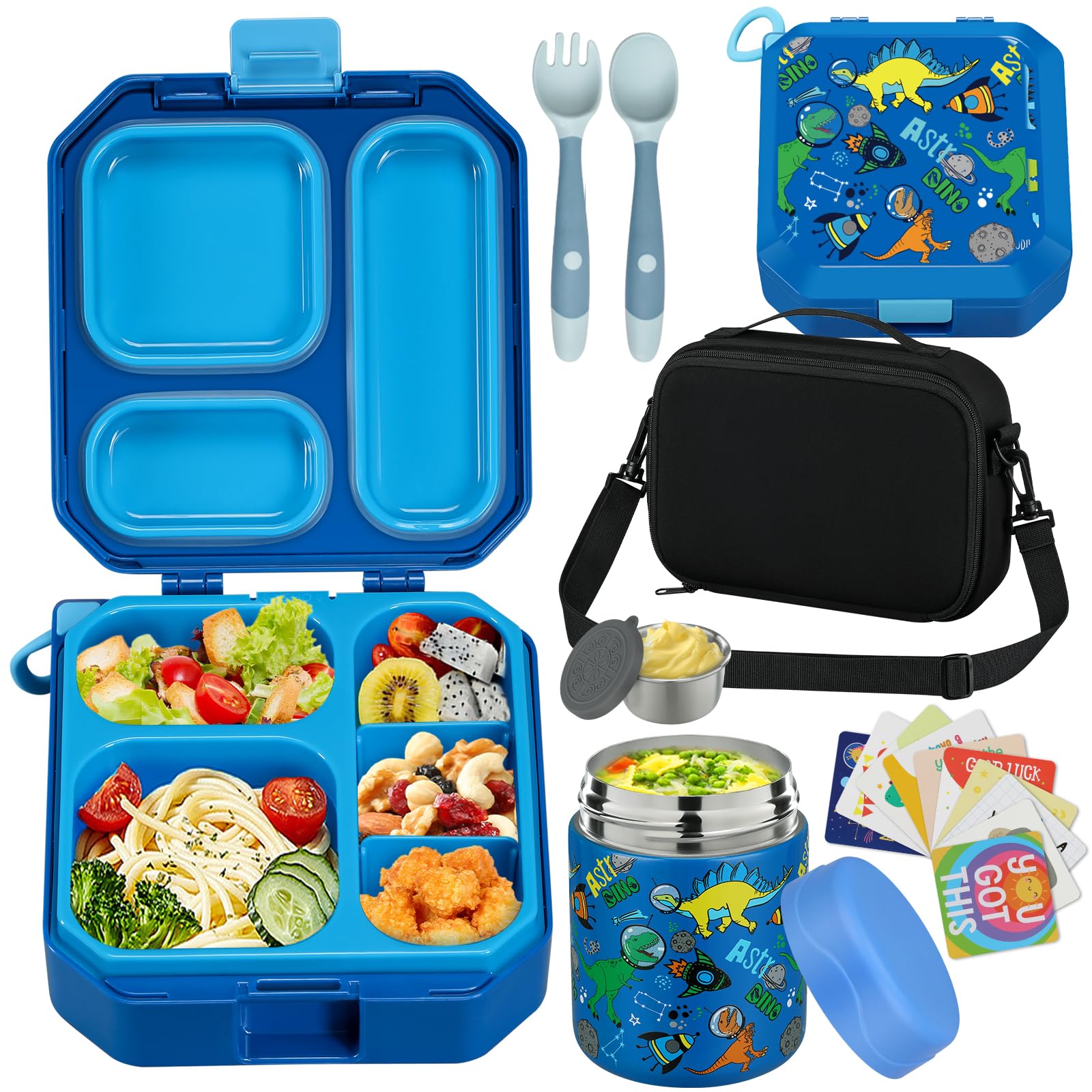 Photo 1 of wiwens Bento Lunch Box for Kids with 12oz Soup Thermo Leak-Proof Lunch Food Container with 5 Compartment Thermo Hot Food Jar and Insulated Lunch Bag for Kid Toddler Girls Boys to School