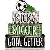 DIYDEC 4Pcs World Cup Tabletop Decorations Soccer Wooden Block Signs Gift RusticSoccer Goal Tiered Tray Decor World Cup Table