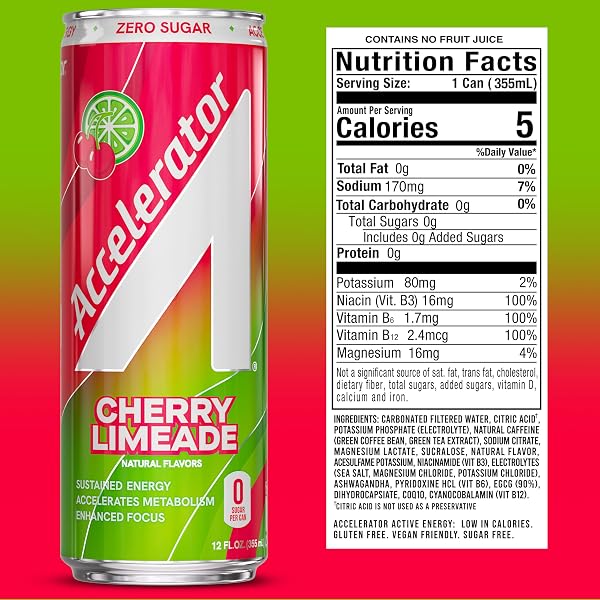 ACCELERATOR ENERGY DRINK, CHERRY LIMEADE 12OZ CAN (12 PACK), ZERO SUGAR, SUSTAINED ENERGY FROM 100% NATURAL CAFFEINE (200MG FROM GREEN COFFEE BEAN & GREEN TEA EXTRACT)
