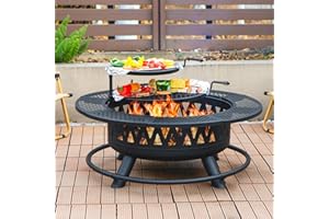 FLORISE 42 Inch Fire Pit with 2 Grills, Large Outdoor Firepits for Outside, Wood Burning Fireplace for Camping,Picnic,Bonfire, 3-in-1 Round Metal Table with Lid for Backyard,Patio,Party