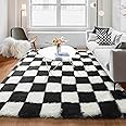 KICMOR 5x8 Area Rug for Living Room, Black and White Fluffy Shag Fuzzy Plush Soft Checkered Rugs for Bedroom, Big Large Shaggy Rug Floor Carpets for Kids Teen Dorm Home Decor Aesthetic, Boys Room