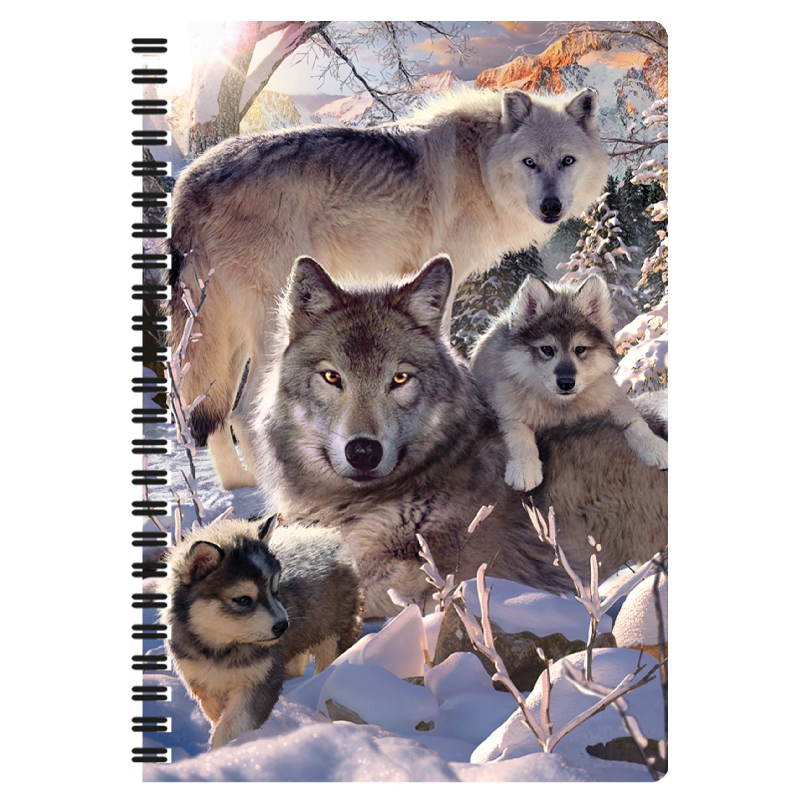 3D LiveLife A5 Notebook - Winter Wolves from Deluxebase. Spiral Bound Lined Notebook with 80 Recycled Pages, 3D Wolf Art Notebooks for Work, Gifts and School Supplies, (21 x 14.5 cm).