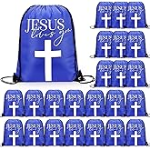 SilTriangle 24 Pcs Christian Drawstring Bags Jesus Loves You Religious Backpack Bags for Church Easter Catholic Christian Bulk Gifts(Blue)