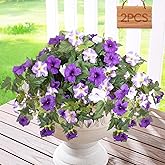 Leavans Artificial Fake Flowers Plants for Outdoors Decoration 2PCS No Fade Faux Petunias UV Resistant Realistic Silk Flowers for Home Garden Balcony Yard Porch Deco (Purple White)