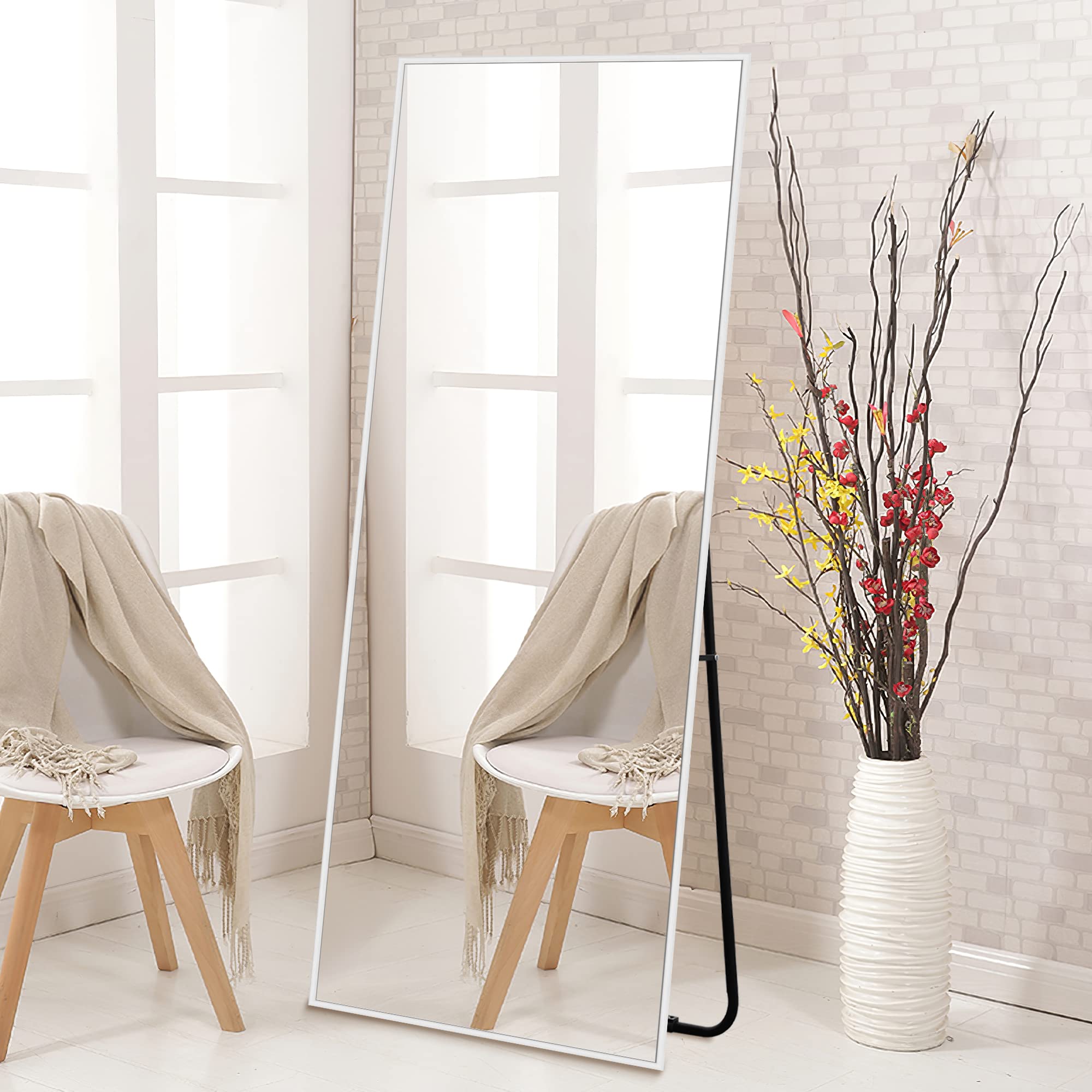 NeuType Full Length Mirror, 59"x20" Full Body Mirror with Stand Floor Mirror Full Length Standing Mirror Wall-Mounted Mirror Hanging or Leaning Against Wall Aluminum Alloy Thin Frame (White) Image