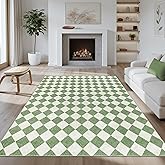 Kiginara Washable Green Checkered Rug 5x7, Non-Slip Low Pile Area Rug for Living Room, Bedroom, Nursery, Modern Neutral Farmhouse Diamond Carpet, Pet & Kid Friendly