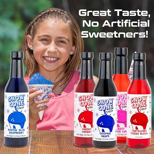 CONCESSION EXPRESS® SNOW CONE SYRUP FUN FLAVORS PACK (5 FLAVORS, 12.7 OZ EACH) – BLUE RASPBERRY, CHERRY, COTTON CANDY, GRAPE & TIGER’S BLOOD – SNOW CONE & SHAVED ICE SYRUPS PERFECT FOR HOME, CONCESSIONS, & PARTIES
