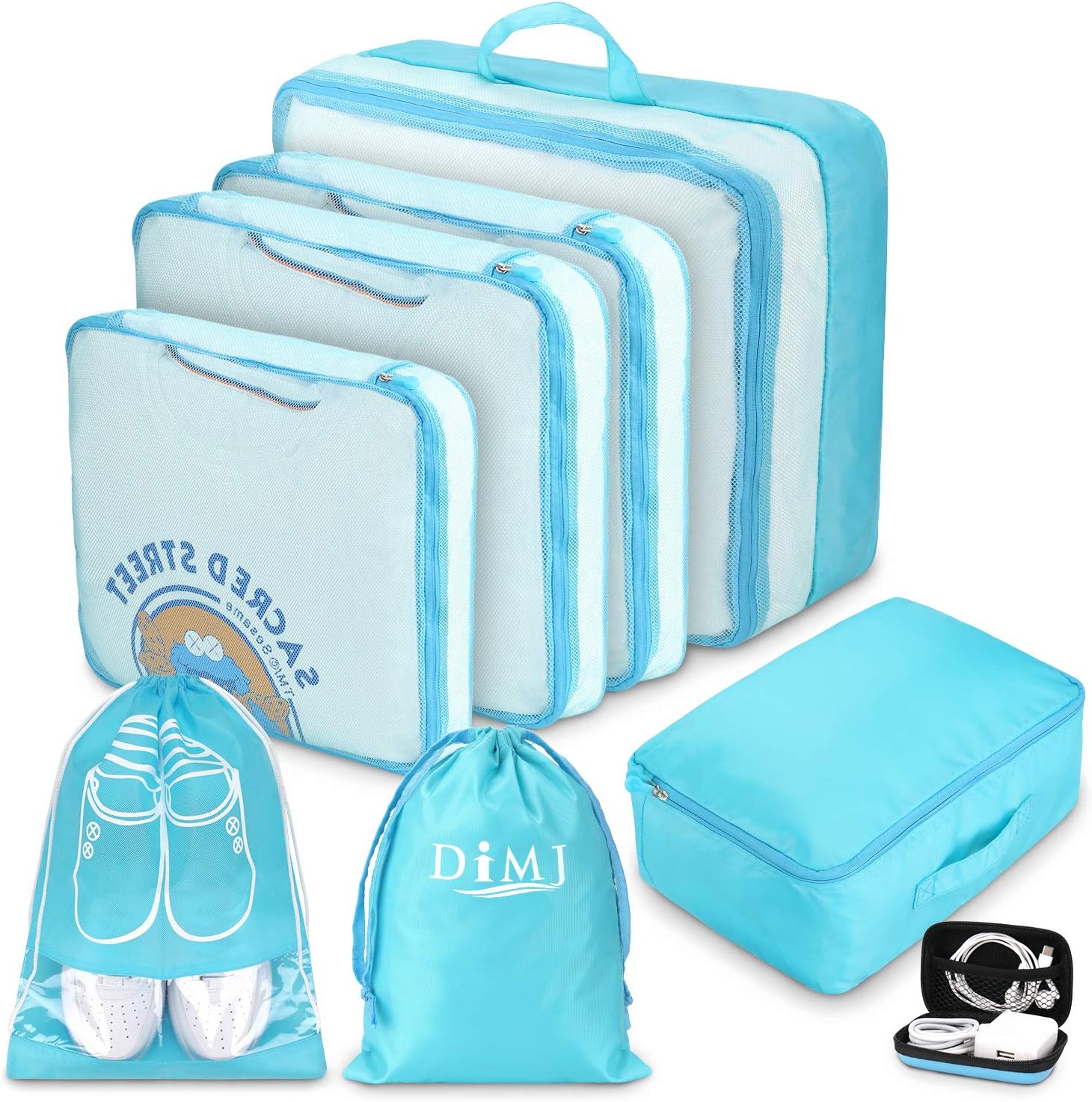 Travel Packing Cubes for Suitcase, DIMJ 8 PCS Full Mesh Luggage Organiser Set Durable Essentials Bag Clothes Shoes Cosmetics Toiletries Cable Storage Bags (Blue)