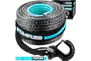 YUNFUER 1/2" x 85ft Synthetic Winch Rope Cable Kit, 32000LBS Winch Rope with Protective Sleeve + Forged Winch Hook + Safety Pull Strap for SUV, Truck (Gray)