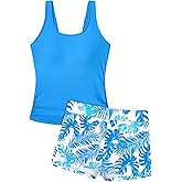 Tomolant Girls Swimsuit Two Piece Girls Tankini Swimsuit with Tropical Printed Shorts Adjustable Bathing Suit Swimwear 7-18T
