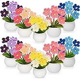 Suncalla 10 Pcs Crochet Flower Potted Plants for Valentine Day Gifts, Artificial Handmade Knitted Flowers Cute Fake Plant Pots for Mother Valentine Teacher Employee Coworker Gifts(Forget Me Not)