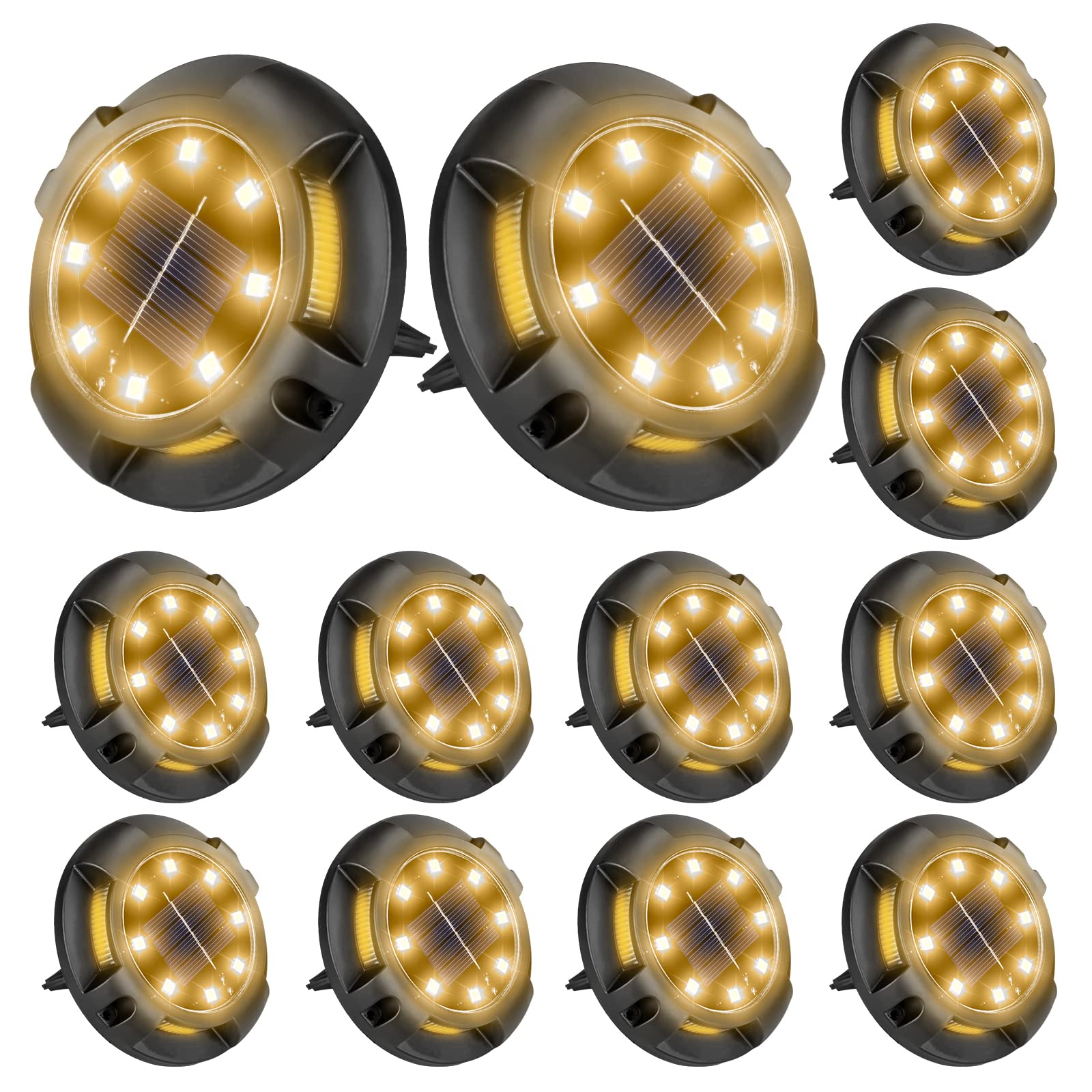Photo 1 of Fohil 12 Pack Solar Disk Lights - 12 LEDs, Waterproof In-Ground Lights for Pathway, Lawn, Yard, Patio, Walkway, Driveway, Deck, Garden Decor - Warm White