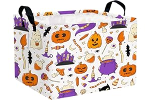 NIETEIN Large Halloween Themed Candy Gift Storage Basket for Kids Foldable Baby Pumpkin Bat Wizard Hat Bin Girls Personalized Decor (Purple Graffiti)