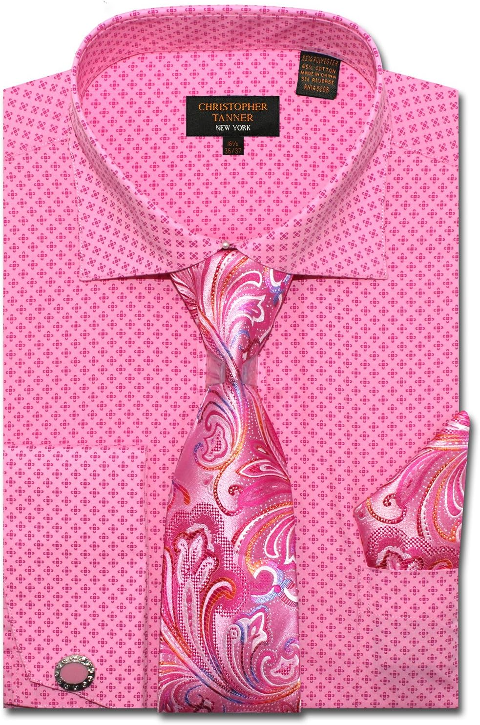 Christopher Tanner Men's Regular Fit Dress Shirts with Tie Hankerchief Cufflinks Combo Printed Fabric 17.5" Neck 36/37" Sleeve Pink