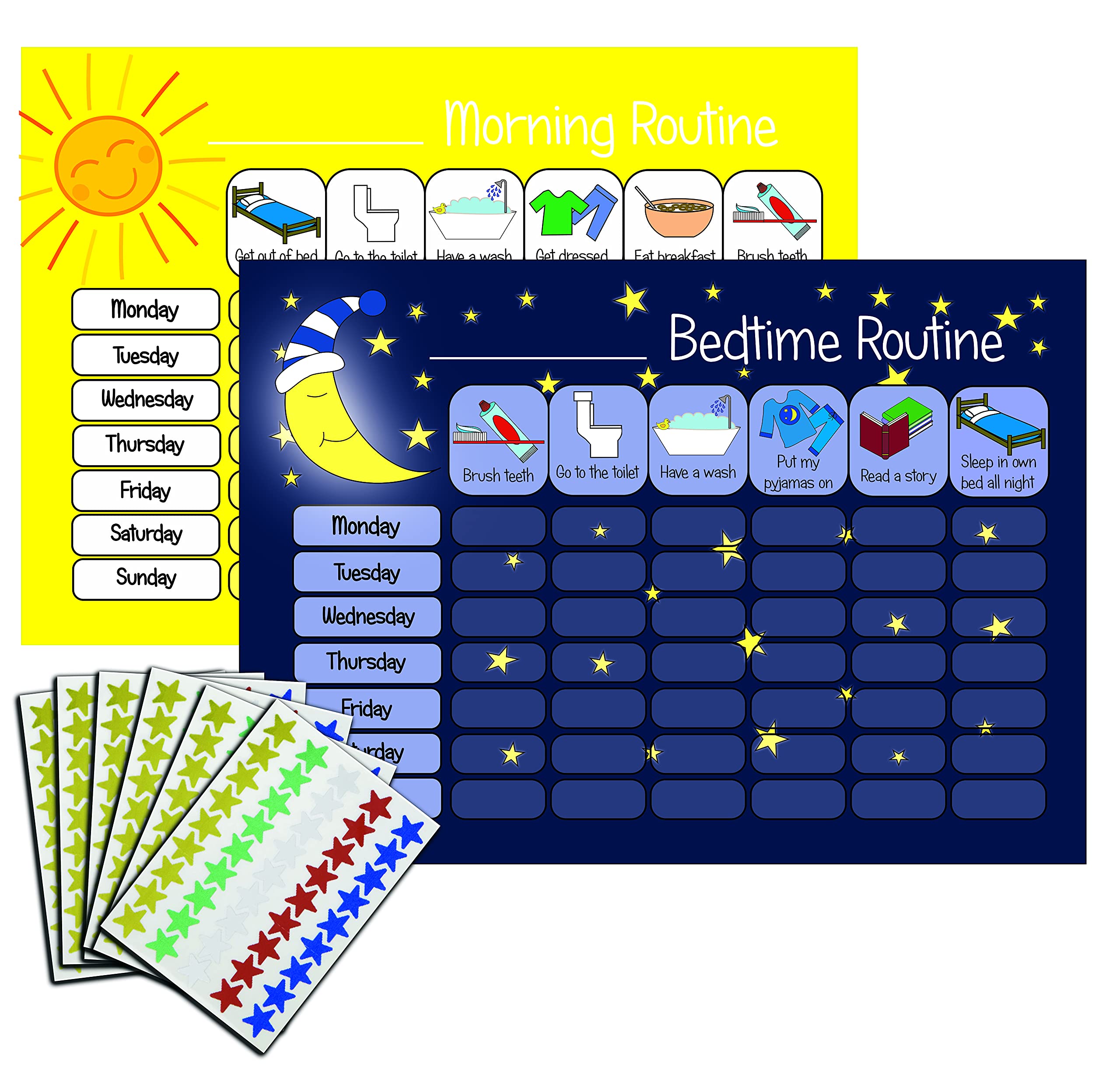 kids2learn Children's Morning & Bedtime Routine Reward Charts (Twin Pack) & 270 Stickers for boys girls Daily Routine Visual Aid - Dark Blue & Yellow