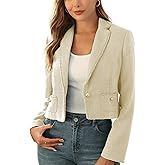 M.Infisavo Women’s Cropped Tweed Jacket Blazer with Pockets Long Sleeve Open Front Notch Lapel Cardigan Elegant for Casual