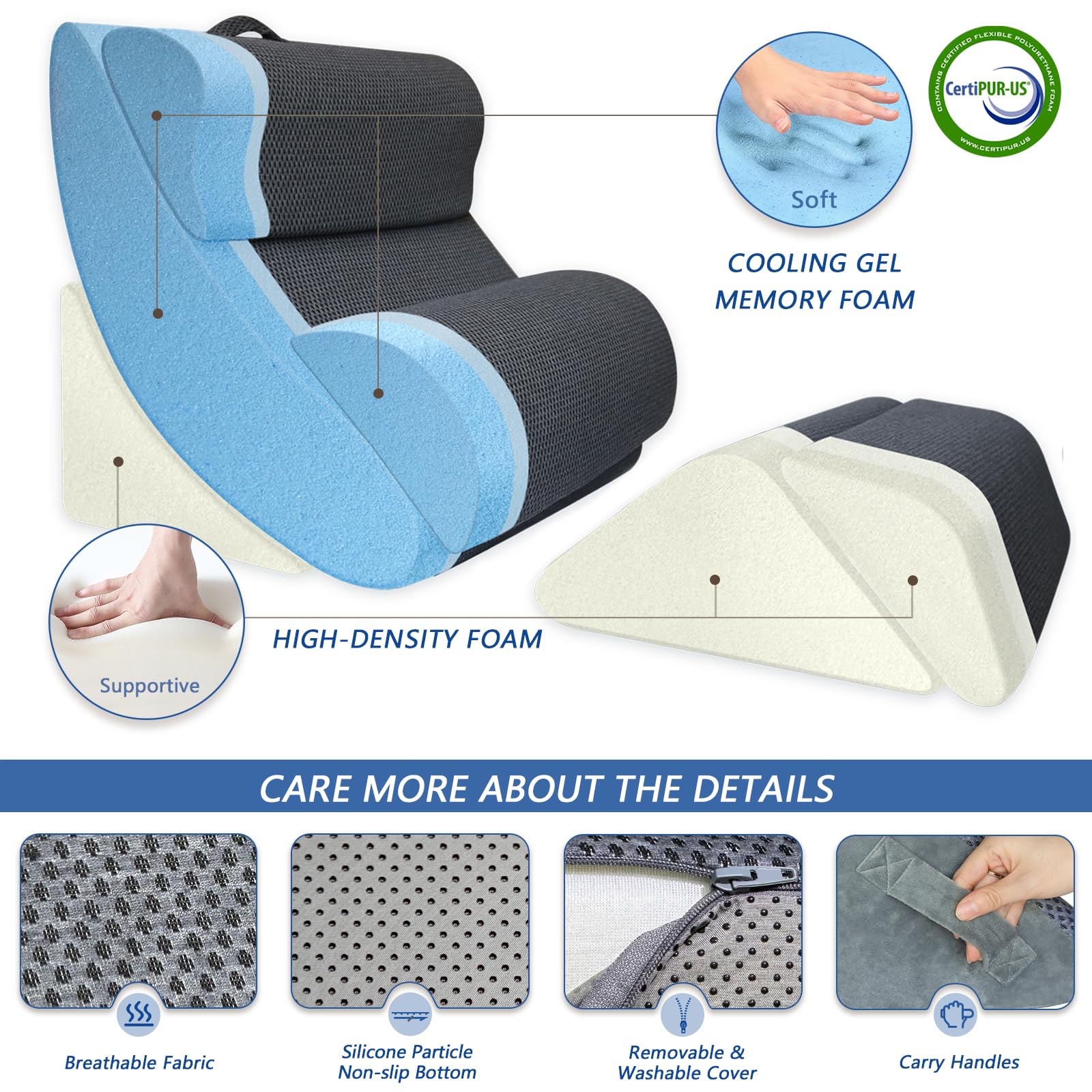 KingPavonini 6PCS Orthopedic Bed Wedge Pillow for Sleeping, Post Surgery Memory Foam for Back, Neck, Leg Support, Acid Reflux, Gerd with Travel Bag (Gray, 20'')
