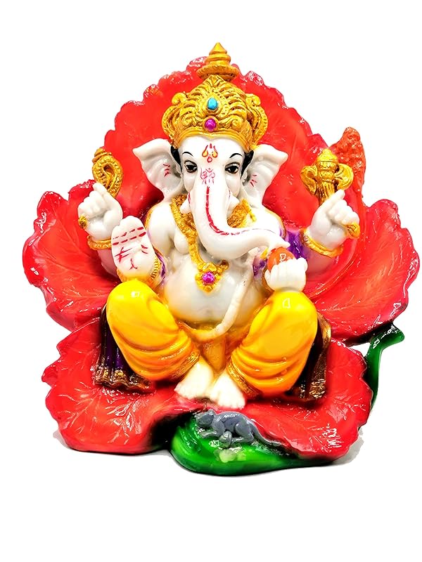 Ganesh Statue on Red Flower 6.5 Inches Ganpati Ganesha