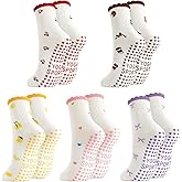 scenicamp 5 Pairs Cute Pilates Socks for Women, Ruffle Frilly Yoga Socks Non Slip Cotton Crew Socks with Embroidery Pattern