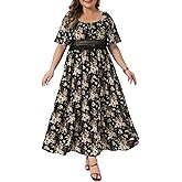 Agnes Orinda Plus Size Maxi Dress for Curvy Women Square Neck Smocked Back Ruffle Sleeve Summer Floral Dresses