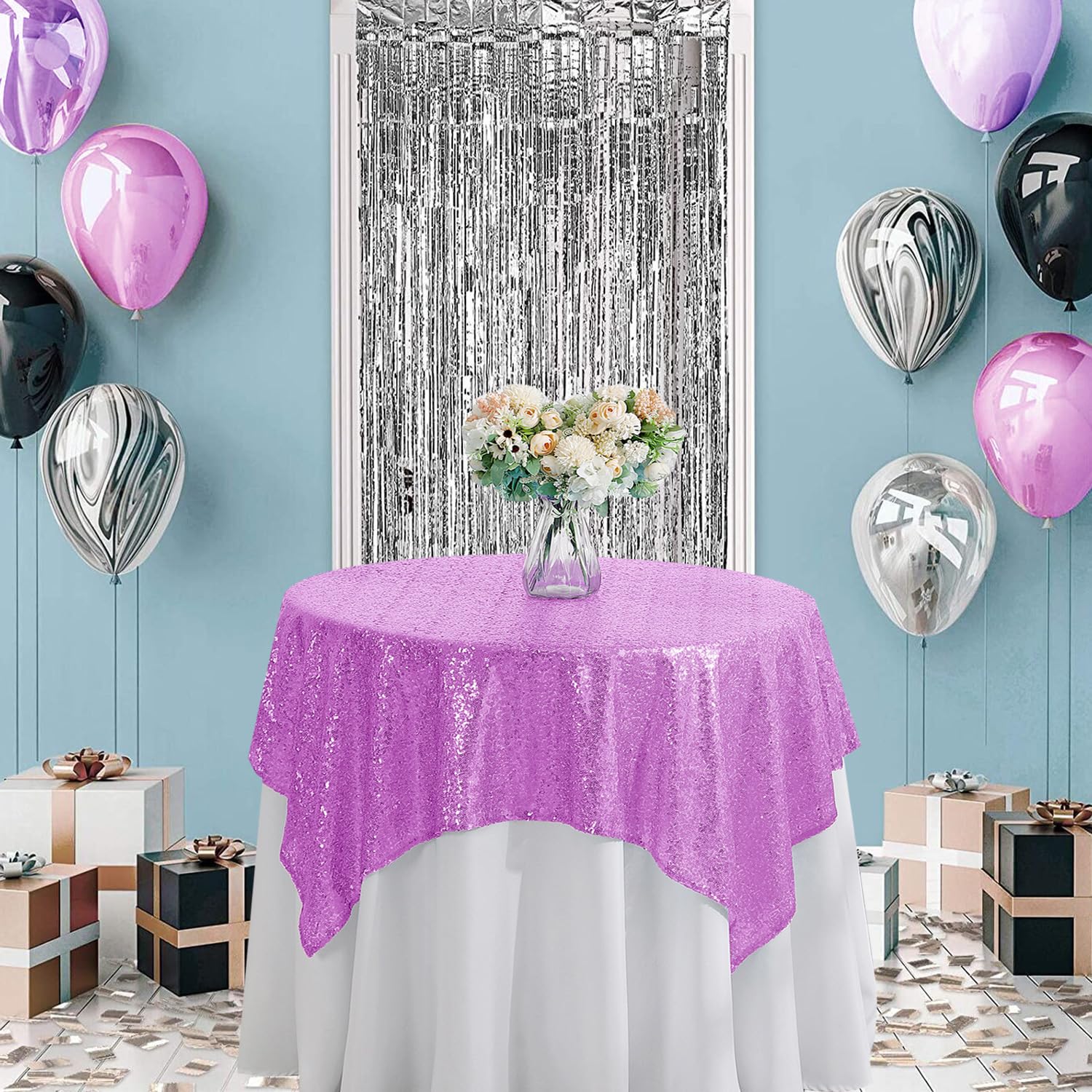 Photo 1 of 50"x50" Lavender Sequin Tablecloth Square Glitter Lavender Purple Table Cloths for Birthday Wedding Bridal Baby Shower Party Decorations