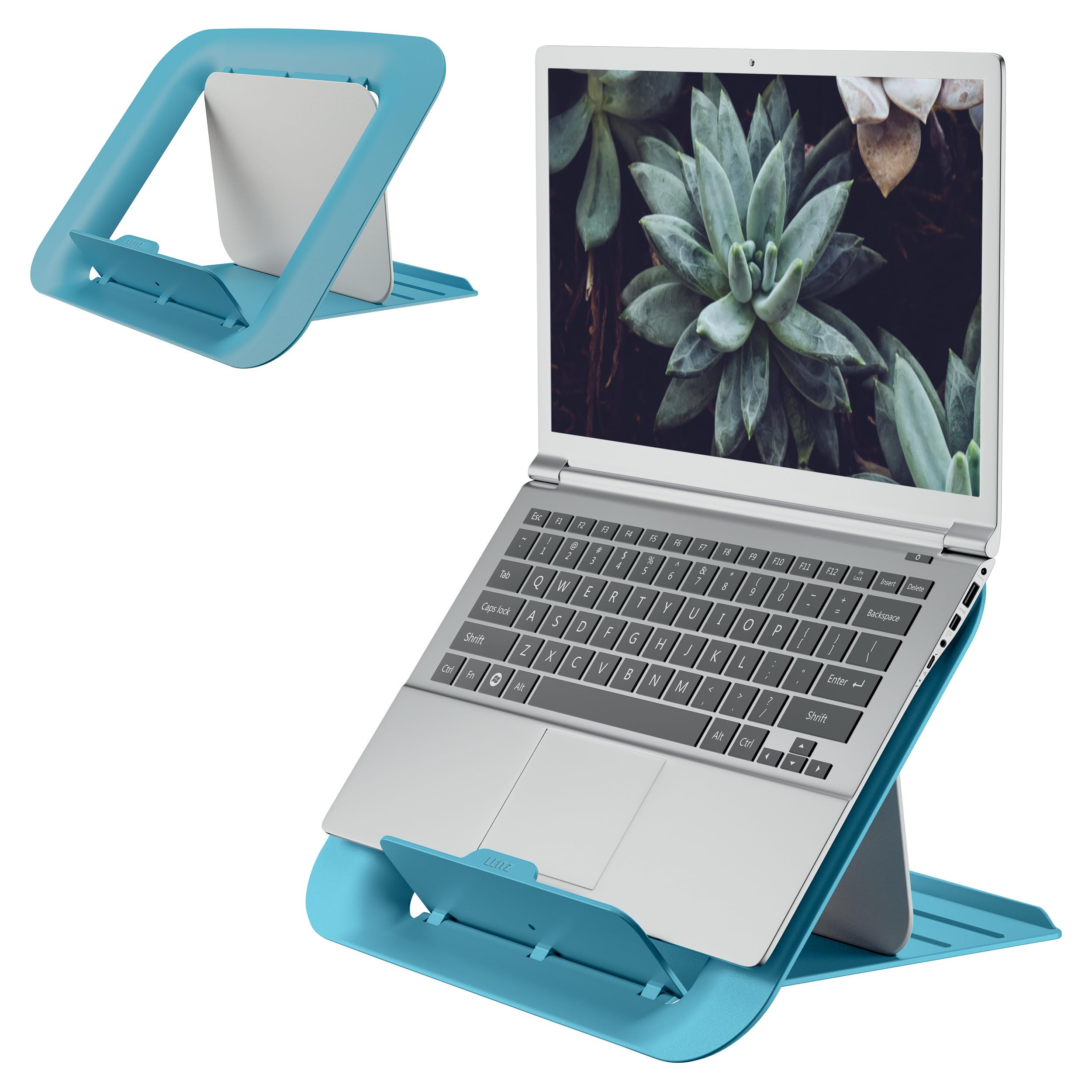 Leitz Adjustable Laptop Stand, Compact Laptop Holder With 4 Height Settings, 80% Recycled Plastic & 100% Recycable, Ergo Cosy Range, Calm Blue, 312 x 50 x 247mm, 64260061